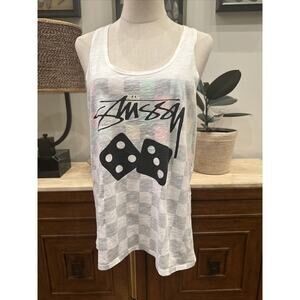 Stussy Shirt Womens Medium White Checkerboard Swing Tank Top Cotton Made USA New